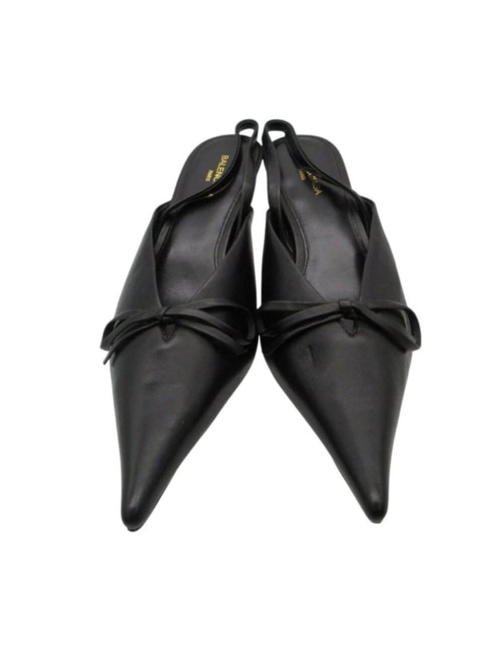 Balenciaga Pumps Black Leather Kitten Heels Mules Pointed Toe Ribbon Motif
